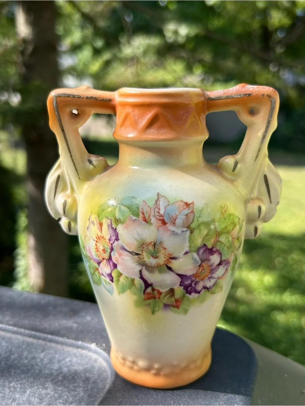 Vintage Vase Bohemian Transfer Floral Porcelain Two Handle Cream Cottagecore